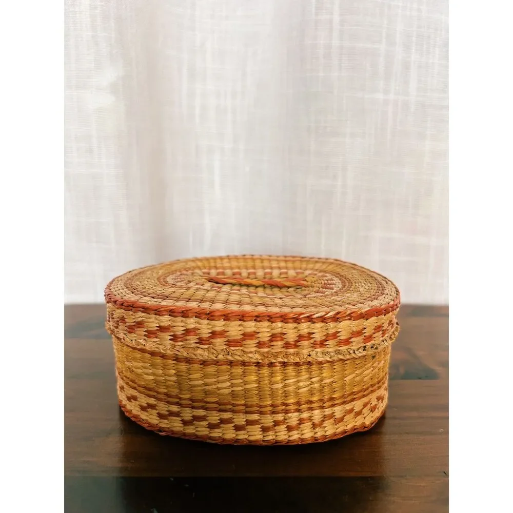 Vintage 1970s/1980s Chinese Hand-Woven Coiled Lidded Basket